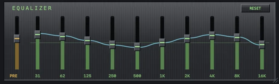 The equalizer strip: PRE preamp slider, ten band sliders from 31 Hz to 16 kHz with a response curve, and a RESET button