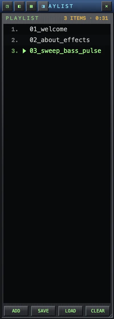 The playlist window: header with item count and total time, numbered tracks with the current one marked, and ADD / SAVE / LOAD / CLEAR buttons
